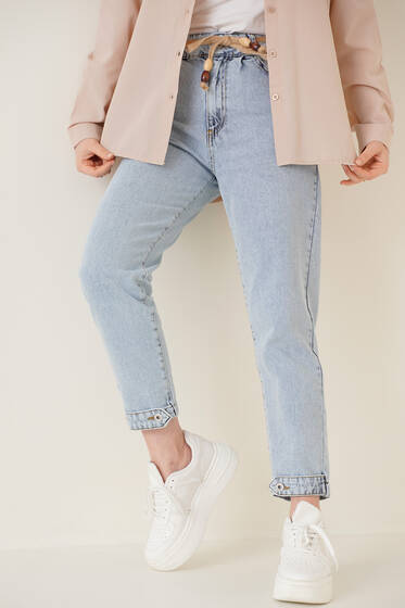 Hasır Kemerli Denim Pantolon Açık Mavi - Pantolon