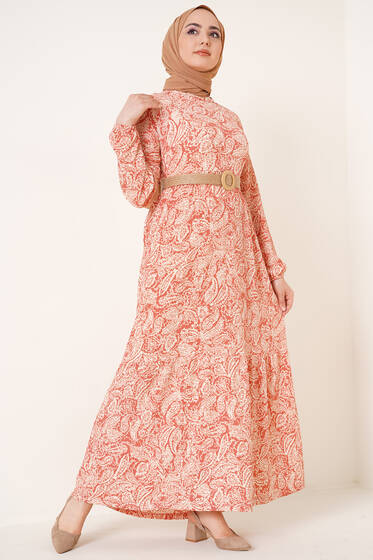 Hasır Kemerli Desenli Elbise Gül Kurusu - Tesettür Elbise