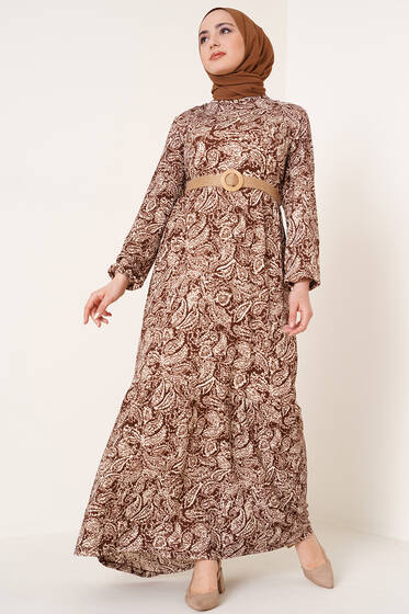Hasır Kemerli Desenli Elbise Kahve - Tesettür Elbise