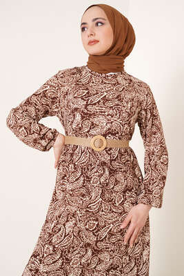 Hasır Kemerli Desenli Elbise Kahve - Tesettür Elbise
