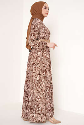 Hasır Kemerli Desenli Elbise Kahve - Tesettür Elbise