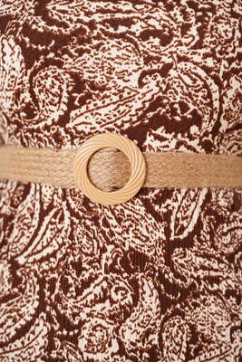 Hasır Kemerli Desenli Elbise Kahve - Tesettür Elbise