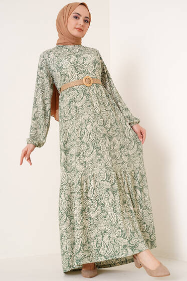 Hasır Kemerli Desenli Elbise Yeşil - Tesettür Elbise