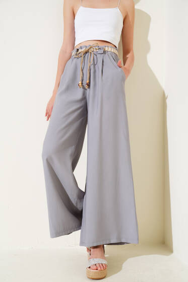Hasır Kemerli Geniş Paça Pantolon Gri - Kadın Giyim Modelleri