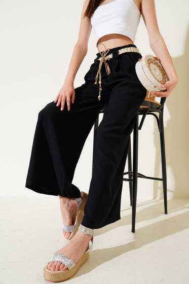 Hasır Kemerli Geniş Paça Pantolon Siyah - Kadın Giyim Modelleri