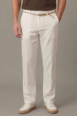 Hasır Kemerli Keten Erkek Pantolon Beyaz - GİESTO