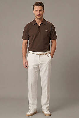 Hasır Kemerli Keten Erkek Pantolon Beyaz - Erkek Pantolon