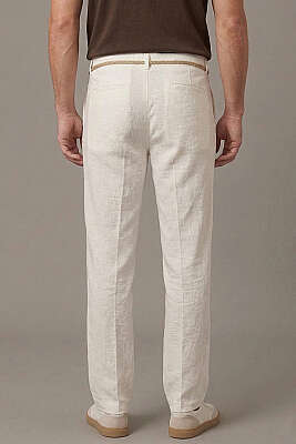 Hasır Kemerli Keten Erkek Pantolon Beyaz - Erkek Pantolon