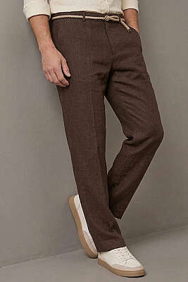 Hasır Kemerli Keten Erkek Pantolon Kahve - GİESTO