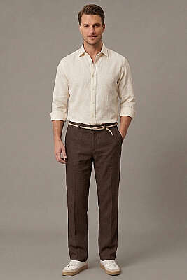 Hasır Kemerli Keten Erkek Pantolon Kahve - Erkek Pantolon