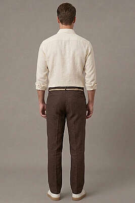 Hasır Kemerli Keten Erkek Pantolon Kahve - Erkek Pantolon