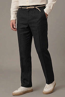 Hasır Kemerli Keten Erkek Pantolon Siyah - GİESTO