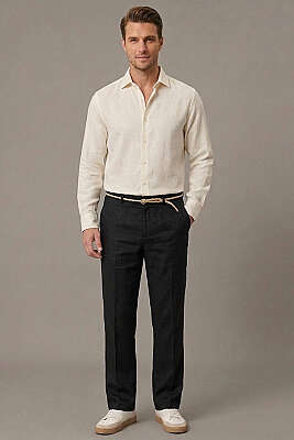 Hasır Kemerli Keten Erkek Pantolon Siyah - Erkek Pantolon