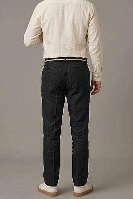 Hasır Kemerli Keten Erkek Pantolon Siyah - Erkek Pantolon