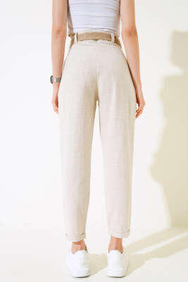 Hasır Kemerli Keten Pantolon Bej - Kadın Giyim Modelleri