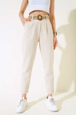 Hasır Kemerli Keten Pantolon Bej - Kadın Giyim Modelleri