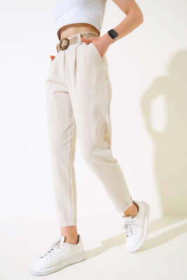 Hasır Kemerli Keten Pantolon Bej - CALİENTE