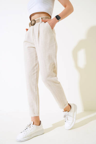 Hasır Kemerli Keten Pantolon Bej - Kadın Giyim Modelleri