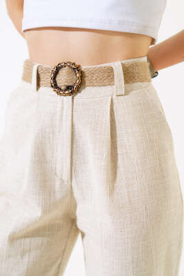 Hasır Kemerli Keten Pantolon Bej - Kadın Giyim Modelleri