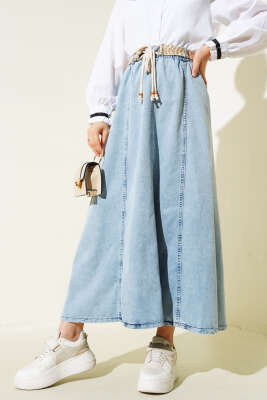 Hasır Kemerli Kot Etek Buz Mavisi - MUSTİ