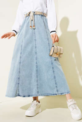 Hasır Kemerli Kot Etek Buz Mavisi - Uzun Etek