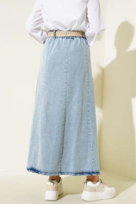 Hasır Kemerli Kot Etek Buz Mavisi - Uzun Etek