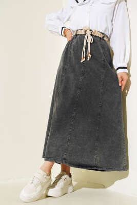 Hasır Kemerli Kot Etek Füme - Uzun Etek