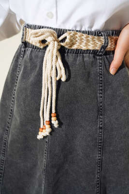 Hasır Kemerli Kot Etek Füme - Uzun Etek