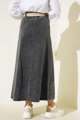 Hasır Kemerli Kot Etek Füme - Uzun Etek