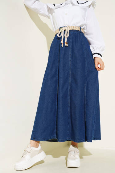 Hasır Kemerli Kot Etek Lacivert - Uzun Etek