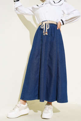 Hasır Kemerli Kot Etek Lacivert - Uzun Etek