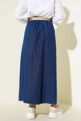 Hasır Kemerli Kot Etek Lacivert - Uzun Etek