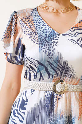 Hasır Kemerli Saten Elbise Mavi - Kadın Giyim Modelleri