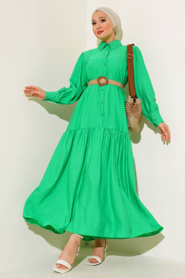 Hasır Kemerli Yarım Düğmeli Elbise Benetton - Tesettür Elbise