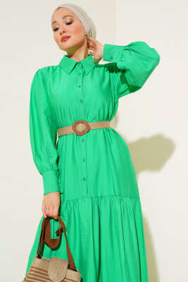 Hasır Kemerli Yarım Düğmeli Elbise Benetton - Tesettür Elbise