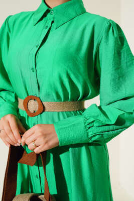 Hasır Kemerli Yarım Düğmeli Elbise Benetton - Tesettür Elbise