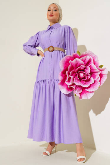 Hasır Kemerli Yarım Düğmeli Elbise Lila - Elbise