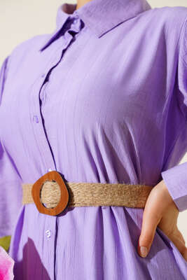 Hasır Kemerli Yarım Düğmeli Elbise Lila - Tesettür Elbise