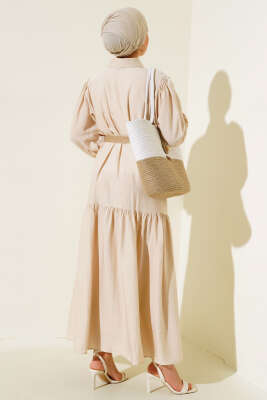 Hasır Kemerli Yarım Düğmeli Elbise Taş - Tesettür Elbise