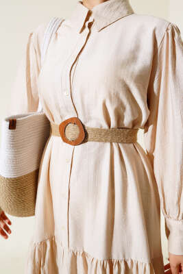 Hasır Kemerli Yarım Düğmeli Elbise Taş - Tesettür Elbise