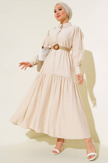 Hasır Kemerli Yarım Düğmeli Elbise Taş - Tesettür Elbise