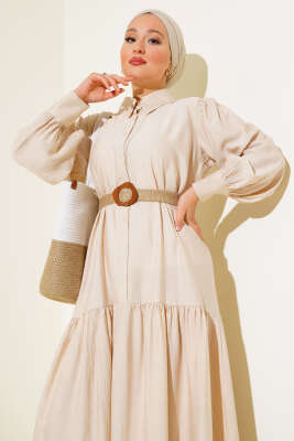 Hasır Kemerli Yarım Düğmeli Elbise Taş - Tesettür Elbise