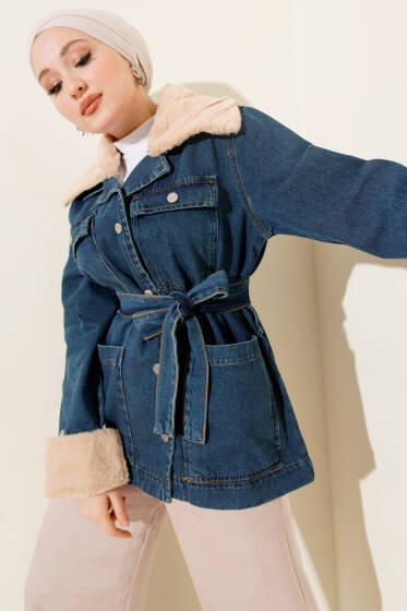 Yaka ve Bilek Kürklü Cepli Kot Ceket Mavi - Ceket