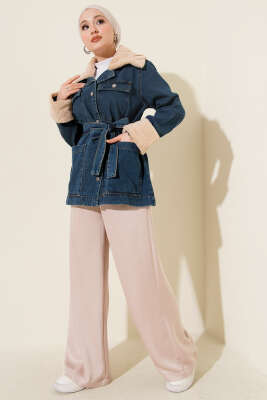 Yaka ve Bilek Kürklü Cepli Kot Ceket Mavi - Ceket