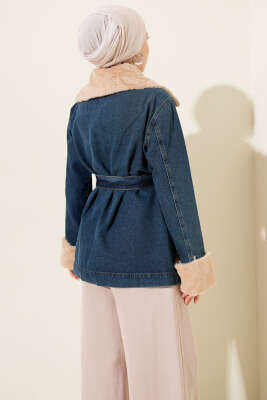 Yaka ve Bilek Kürklü Cepli Kot Ceket Mavi - Ceket