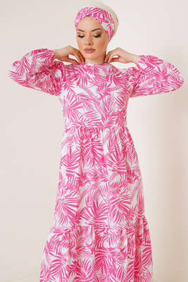 Hawaii Desen Terikoton Elbise Fuşya - Thumbnail