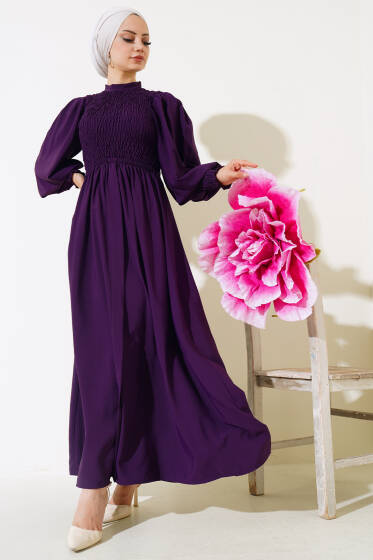 Bel Lastikli Gipeli Elbise Mor - Elbise