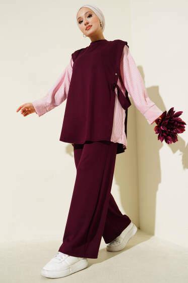 Çizgi Garnili Bisiklet Yaka Loyşa İkili Takım Mürdüm - İkili Takım