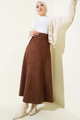 Bel Lastikli Süet Kloş Etek Kestane - Etek