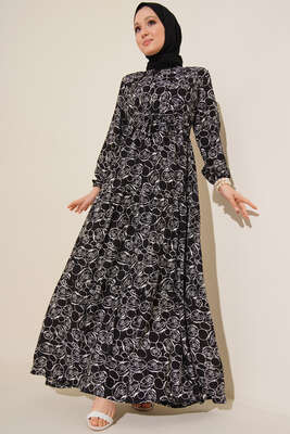 Etnik Desenli Tünelli İp Bağlamalı Elbise Siyah - Tesettür Elbise